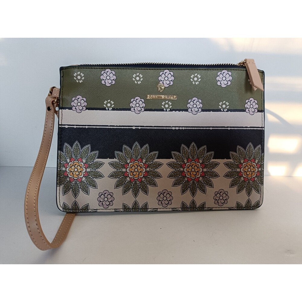 Spartina 449 Wristlet Zip Pouch Floral Pattern Olive Navy Tan Vegan Leather